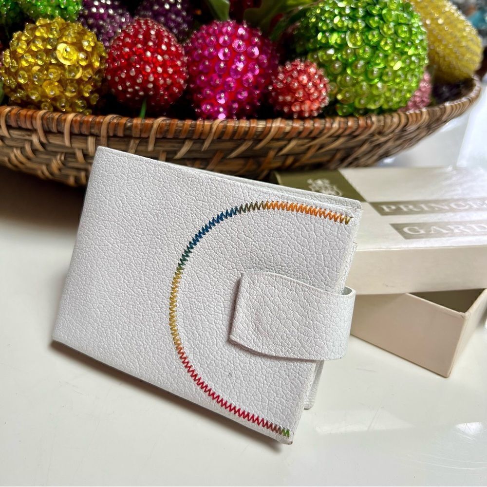 Vintage 1950s 1960s MCM Deadstock New in Box White Leather Rainbow Stitch Wallet